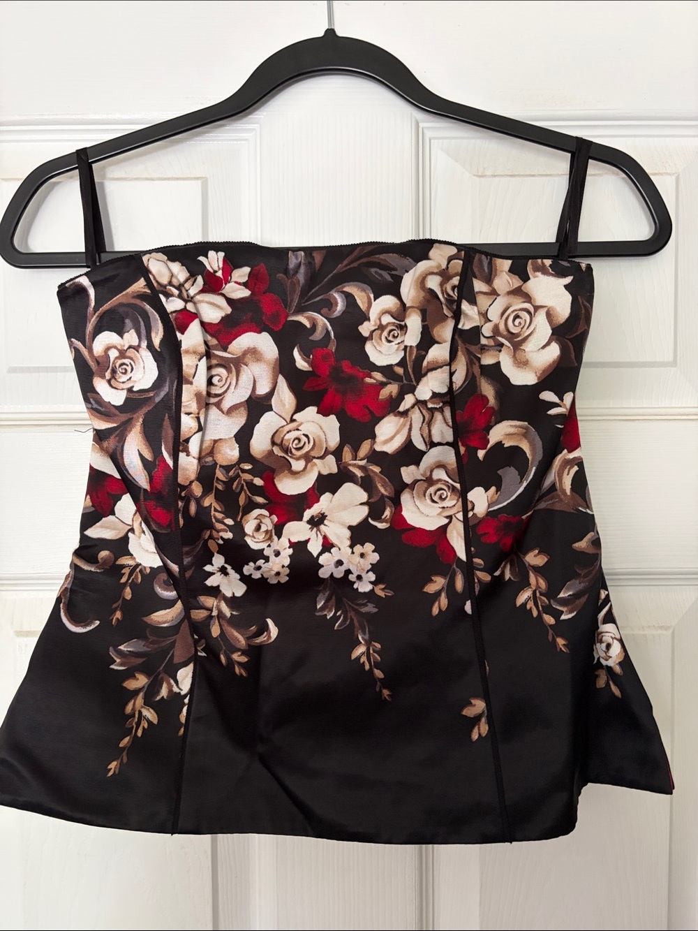 White House Black Market Black Floral Strapless Camisole with Red Accents